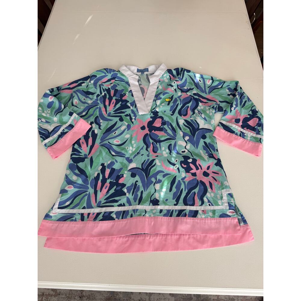 Floral Split-Neck Tunic Blouse in Mint, Navy & Pink